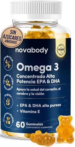 Omega 3 Gominolas Sin Azúcar, 100% Natural – Alta Potencia EPA y DHA (840 mg/día) con Vitamina E – Aceite de Pescado Concentrado, Sin Gluten, Sin OGM | 60 Gummies Novabody