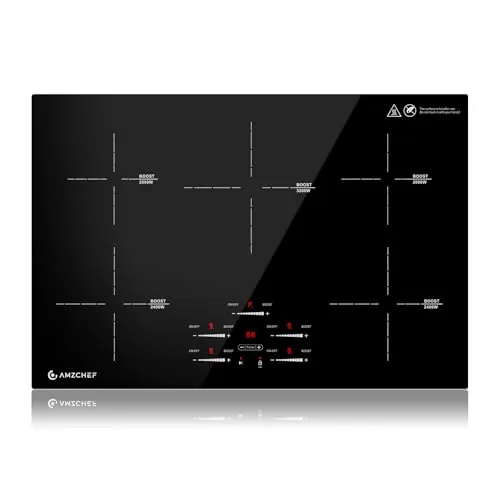 AMZCHEF Placa inducción 80cm, placa de inducción encastrable 5 zonas con booster y 9 niveles, función pausa, mantener caliente, control deslizante, temporizador, bloqueo de seguridad, 9500W