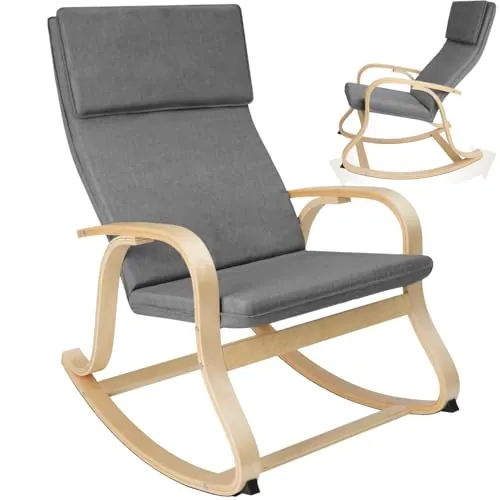 tectake® Mecedora Roca de Madera de Abedul 150kg, Silla Mecedora, Oscilante, Sillón Ergonómico para Balanceo - Gris Claro