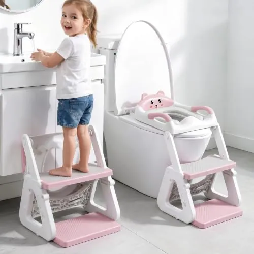 Adaptador Wc Niños, 2 in 1 Upgraded con Estructura Triangular, Oso | Reductor Wc Niños, Pedal & Parasalpicaduras Extendido, Asa Ensanchada, Cojín Suave, Antideslizante Plegable Ligero, Rosa