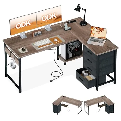 ODK Escritorio Esquinero con 4 Cajones de Tela, 135x100cm, Roble Gris