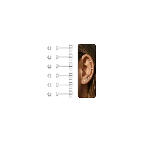 Diamday Juego de 6 pares de aretes de cartílago para mujeres, hombres, niñas, parte trasera plana, acero quirúrgico 316L, trago, circonita cúbica, joyería hipoalergénica Plata(2MM)