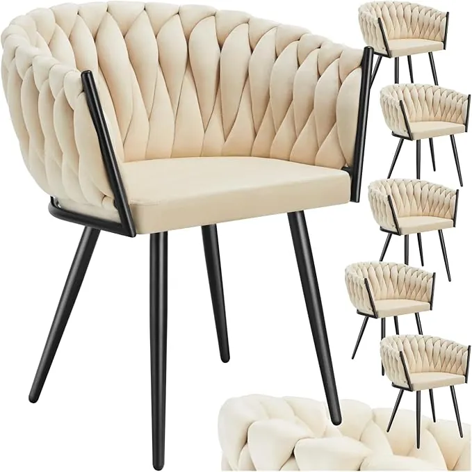 tectake® Juego De Sillas de Comedor, Silla Acolchada con Reposabrazos, Diseño Anudado, Estructura de Acero, Cocina, Sillas Comedor Nordica - 6 Sillas Arena