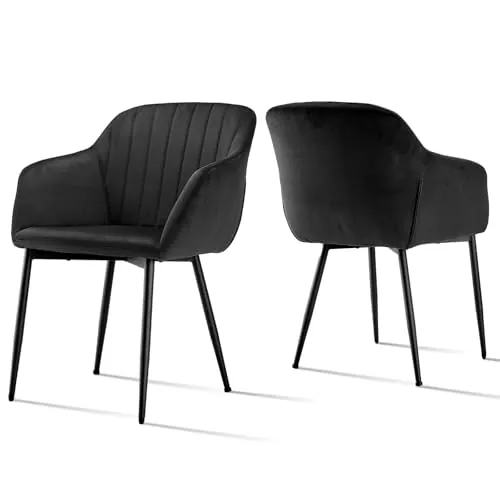 Goeurvant Pack de 2 Sillas de Comedor con Reposabrazos, Sillas Tapizadas de Terciopelo con Patas Metálicas, Modernas Sillón para Salón y Cocina, Negro