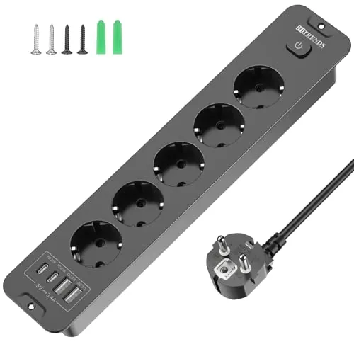 Toma de Empotrar Corriente con 2 USB y 2 Type-C, 5 Tomas Enchufes Multiple Empotrada de Sobremesa con Interruptor, Regleta de Enchufes Empotrada con Cable de 2M para Muebles de Encimera, Negro