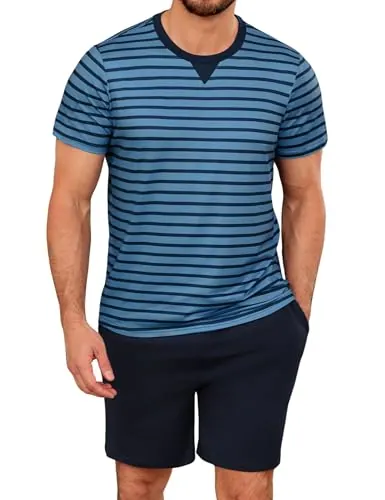 Leversic Verano Conjunto de Pijama Hombre Ropa de Dormir de Algodón Camisetas de Pijama a Rayas de Manga Corta y Pantalones Cortos para Dormir con Bolsillos(Azul Marino,XXL)
