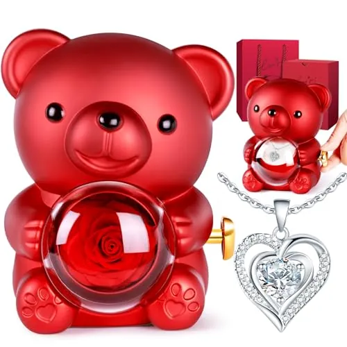 Aloskart Oso Rosa Eterna con Collar, Regalo Mujer