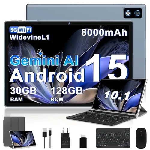 BIEGEDY 2026 último Tablet 10 Pulgadas Android 15 con Gemini AI, 30GB RAM + 128GB ROM, Octa-Core 2.0GHZ, 8000mAh, GMS, Widevine L1, GPS, OTG,5G WiFi 6 & BT 5.0,Tablet Teclado y Raton-Gris