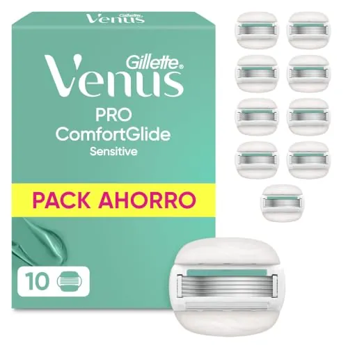 Gillette Venus Pro ComfortGlide Sensitive Cuchillas de Afeitar, Pack de 10 | Recambios para Maquinilla de Afeitar Mujer, 5 Hojas Y Banda Lubricante con Aloe Vera, Depilación Suave, Apurada Y Duradera