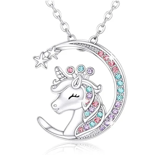 JRYXDS Collar De Unicornio Para Niña Con Circonita Arcoíris, Diseño De Estrella Y Media Luna, Joya Regalo Encantador Para Niñas Para Cumpleaños