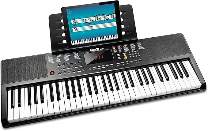Teclado RockJam compacto de 61 teclas con soporte para partituras, fuente de alimentación, pegatinas para notas de piano y lecciones de piano simples