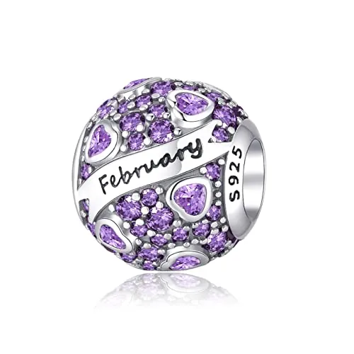 Symretie Colgante de piedra de nacimiento de febrero de plata 925 para mujeres, compatible con pulseras y collares de estilo Pandora y europeo. Adecuado para mujeres y niñas.