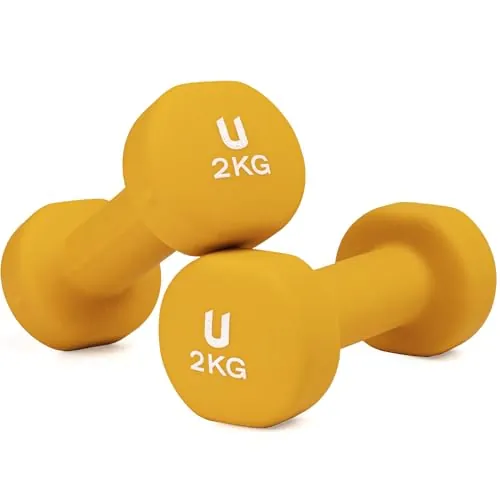 unycos - Par de Mancuernas Antideslizantes de Neopreno, Pesas【2 kg】Ergonómicas con Diseño Redondo y Anti-Rodadura, Resistentes, Ideales para Entrenamiento de Fuerza y Gimnasio en Casa (Naranja)