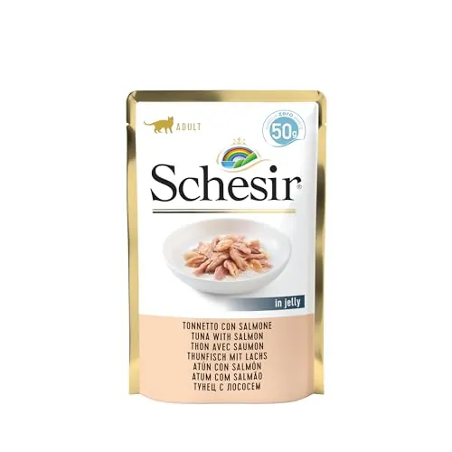 Schesir, Alimento Húmedo para Gatos Adultos Atún con Salmón, En Suave Gelatina - (30 Bolsas De 50g)
