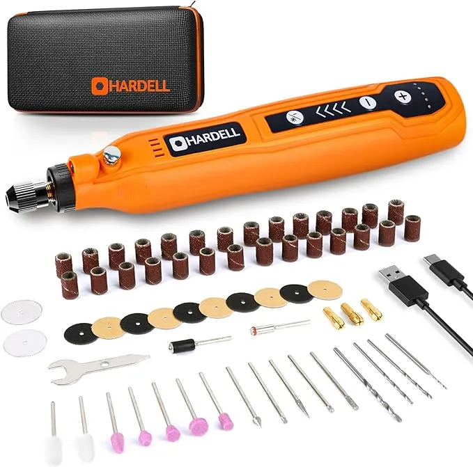HARDELL Mini Amoladora Bateria Inalámbrica USB, Herramienta Rotativa Multifunción 3.7V con 69 Accesorios, 5 Velocidades para Manualidades, Modelismo, Pulir, Taladrar y Cortar - Kit de Regalo Bricolaje