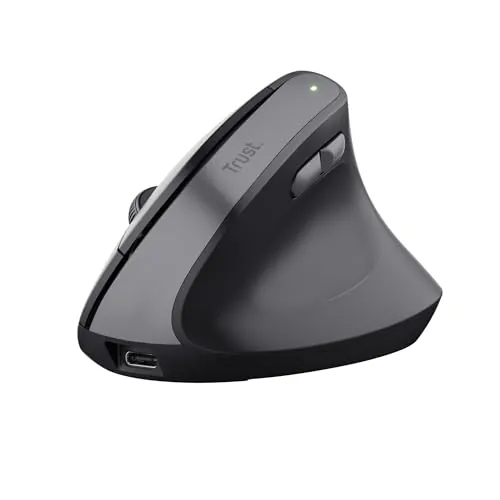 Trust Yuno Ratón Vertical Inalámbrico, Ratón Ergonómico Recargable 2.4GHz, Reducir la Tensión en Brazos y Muñecas, 800-2400 dpi, 70% Plástico Reciclado, PC Portátil Mac - Negro