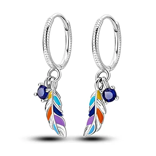 NARMO Aretes para Mujer 925 Plata Estéril Aretes Vintage de Plumas Coloridas