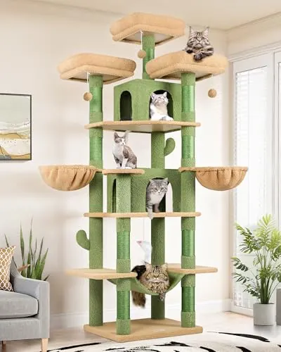 Globlazer Rascador para Gatos XXL Cactus Verde, Arbol Gato Alto 204 cm con 3 Perchas Acolchadas, 2 Nidos, 2 Cesta, Hamaca, Árbol Rascador Estable para 3-5 Gatos Descansar Jugar Rascarse (F80, Verde)