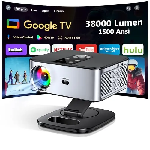 Proyector 4K【1500 ANSI/Google TV/Netflix Oficial】Horlat Proyector 38000Lúmenes Full HD 1080P Nativo,Auto Enfoque,Corrección y Evitación, WiFi6 &Bluetooth 5.2, Control de Voz Projector en Casa/Exterior