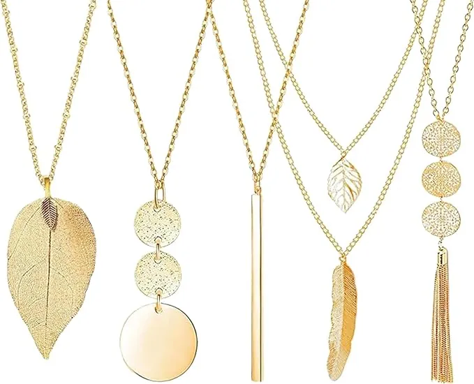 HORREX 5 Piezas Collares Largos Mujer, Collares Largos Bisuteria Bohemia Bisuteria Mujer Personalidad, Colgante Dorado Moda Cadena de Joyería de Moda para Para Diario Cenas Fiestas de Cumpleaños