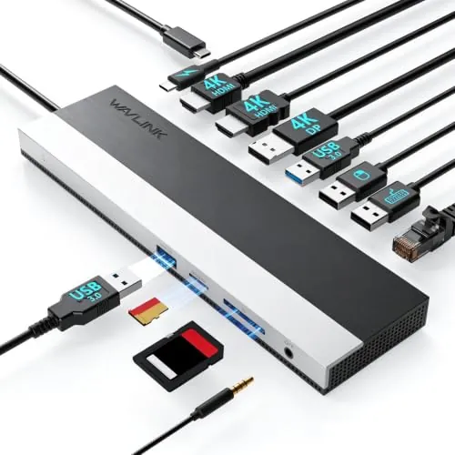 WAVLINK Estación de Carga USB C para 3 monitores, Docking Station con Dual HDMI, DP, 100 W PD, USB3.0 y 2.0, RJ45, SD/TF, Audio/Micrófono, Compatible Solo con Windows Computer