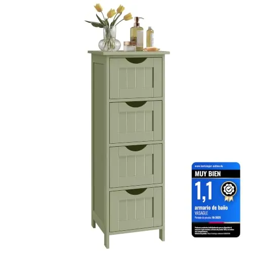 VASAGLE Armario de Baño de Pie, con 4 Cajones, 30 x 30 x 82,2 cm | Armario de Almacenamiento, Estilo Farmhouse, para Sala de Estar, Comedor, Cocina, Verde Laurel, Colección SOFIE LHC040C02