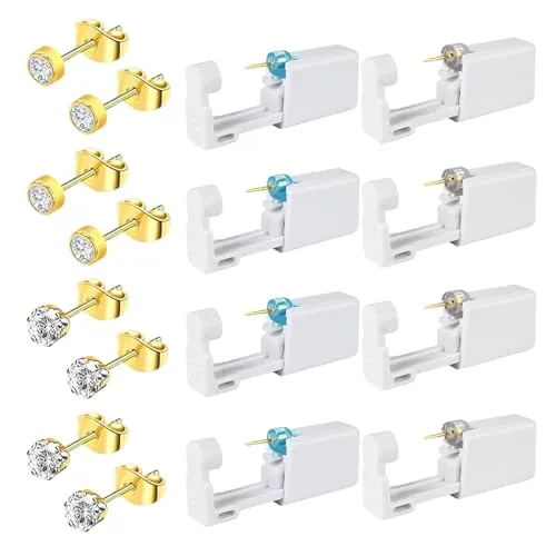 TGKEAIY 8 piezas Pistolas Desechables para Perforar Orejas, Kit de Perforación de Orejas con Dorado Aretes, desechables estériles de seguridad de perforación kit para Niñas, Mujeres y Hombres