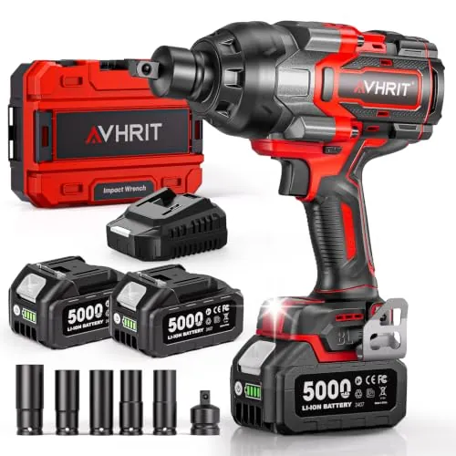 Avhrit Llave de impacto con batería, 2200 N.m Pistola de Impacto Inalámbrica con 2 baterías de 5000 mAh, 3/4 pulgadas, para Coche, Camión, Tractor y Reparaciones Pesadas