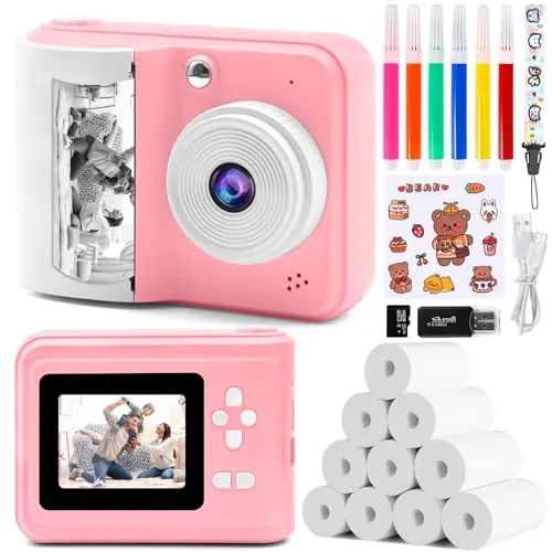 Cámara digital instantánea, con papel de impresión y tarjeta TF 32G, cámara de vídeo con plumas de colores para bricolaje, sombreros disfraz accesorio