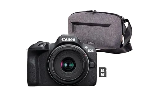 CANON EOS R100 Cámara Mirrorless + Objetivo RF-S 18-45 mm F4.5-6.3 IS STM + Bolsa para Cámara + Tarjeta SD de 64GB | Cámara Evil APS-C (24,1 MP) -4 EV | Vídeo 4K 25 fps | Dual Pixel CMOS AF | Negro