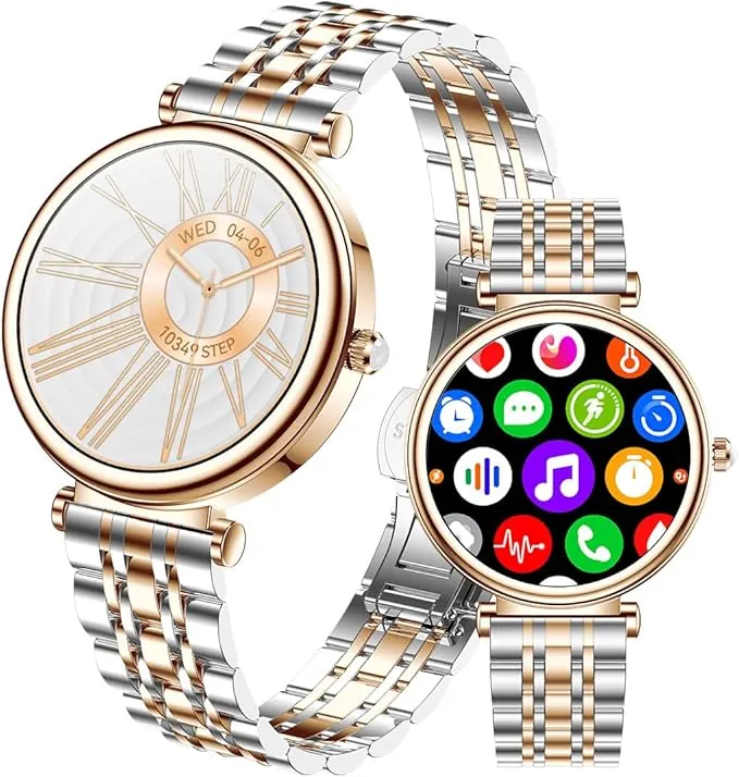 Reloj inteligente de color oro rosa para mujeres con pantalla a color, rastreador de actividad impermeable, monitor de frecuencia cardíaca y sueño, compatible con Android e iOS (Dorado