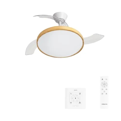 CREATE / WIND CLEAR STUDIO M/Ventilador de techo con luz blanco y madera clara con controlador de pared y mando / 40W, Aspas retráctiles, Ø 108 cm, 3 temperaturas de luz, función verano-invierno