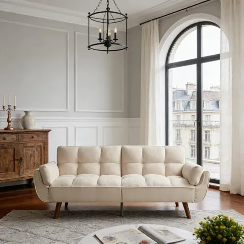 JIEXI Adjustable Backrest 3-Seater Sofa, Modern Scandinavian-Style Convertible Sofa Bed, Breathable Upholstery with Solid Wood Legs, for Living Rooms & Small Apartments, Beige