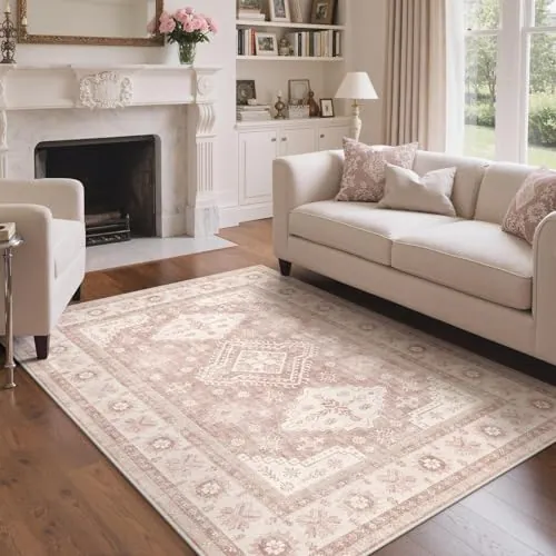 GENIMO Alfombra Salon Sin Peluche,Alfombra Cocina Lavable Antideslizante,Alfombra Pasillo de Dormitorio,Alfombra Silla Escritorio,Comedor,Boho,160x230 cm, Beige Rosa