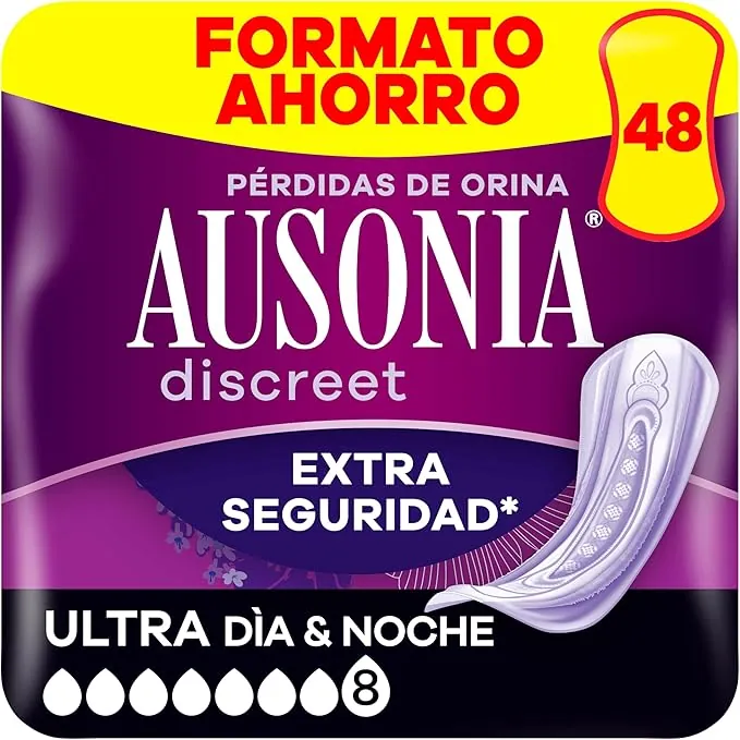 Ausonia Discreet Compresas Ultra Día Y Noche, Pack de 48, Para Pérdidas De Orina Para Mujer, Extra Segura Y Discreta