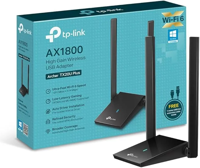 TP-Link Archer TX20U Plus AX1800 - Adaptador Wi-Fi 6,Dual Band 5GHz/2.4GHz, USB 3.0, Antena Wi-Fi Externa Ajustable, Señal Potente, Tecnología MU-MIMO, OFDMA, Compatible con Windows 11 y 10, WPA3