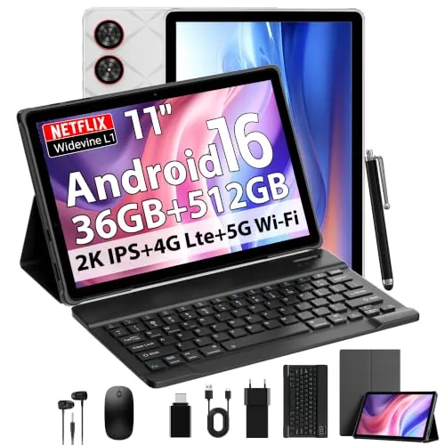 DOFACESH 2026 Android 16 Tablet 11 Pulgadas, 36GB RAM+512GB ROM, SIM 4G & 5G WiFi, Octa Core 2.0GHz, 13MP+8MP, 2000 * 1200/WidevineL1/8000mAh/BT5.0/OTG/GPS-Tablet con Teclado (Gris)