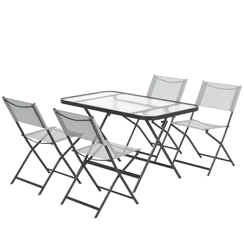 Outsunny Conjunto de Jardín Conjunto de Comedor de Exterior de 5 Piezas Incluye 1 Mesa de Vidrio Templado y 4 Sillas Plegables Estilo Moderno para Terraza Patio Gris
