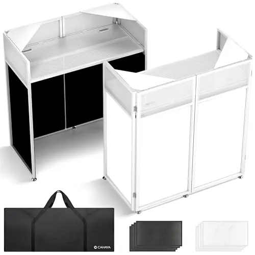 CAHAYA Mesa DJ Portátil Plegable – Cabina DJ con Fundas Negra y Blanca, Estructura Metálica Estable, Gestión de Cables y Bolsa de Transporte, para Controlador y Portátil, 102×51 cm, Blanco