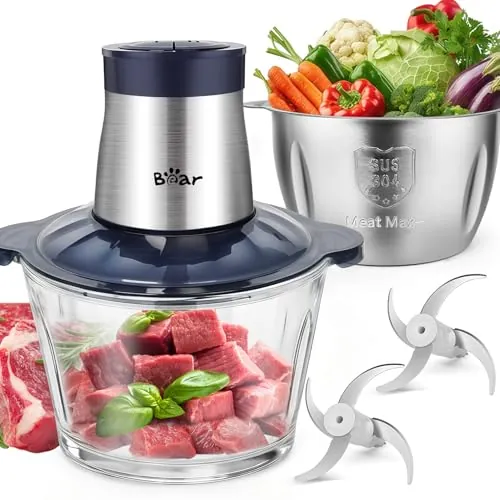 Bear 2L+1.8L Picadora eléctrica, 600 W 2 ajustes de velocidad, picadora con 4 cuchillas de acero inoxidable y picadora de carne, recipiente de cristal Picadora para carne, alimentos para niños