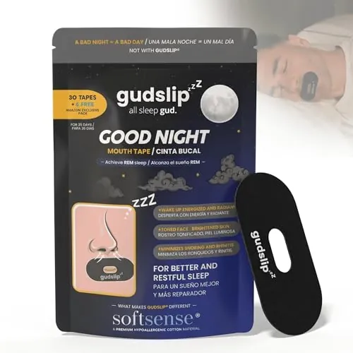 GudSlip® Mouth Tape - Tiras Bucales para Dormir (30+6) - Reduce Ronquidos & Sequedad Bucal, Mejora la Respiración Nasal - Adhesivo Elástico Hipoalergénico Apto para Barba