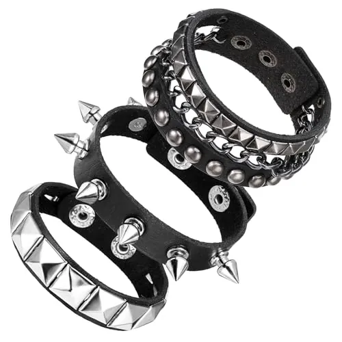 Pulseras de cuero punk rock de Giantree, 3 piezas de pulseras punk rock con tachuelas, pulsera de cuero con pinchos para hombres y mujeres, pulseras ajustables de la década de 80, para fiestas de