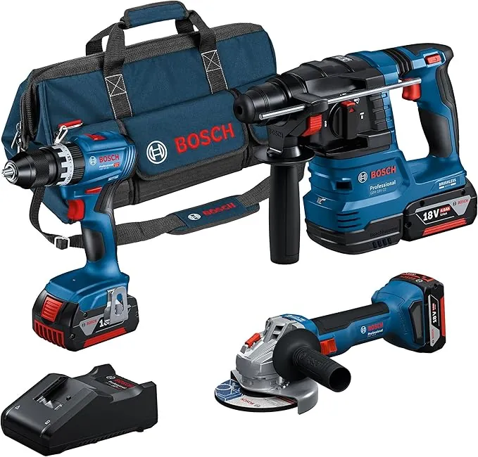 Bosch Professional 18V System Combo-Kit: GSB 18V-45 + GBH 18V-22 + GWS 18V-8 (incl. 3 GBA 4,0 Ah, GAL 18V-40, Maletín - Amazon Exclusive