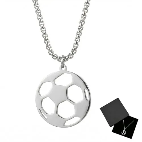 TEOZBLU Collar de Fútbol, Acero Inoxidable, Collar con Colgante de Fútbol, Joyería con Caja de Regalo, Unisex, Plateado, Moderno, 60 cm, 1 Unidad, Regalos Niños 10 Años Originales