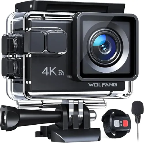 WOLFANG Cámara Deportiva GA100 4K 30FPS, Videocámara de Casco WiFi de 20MP con EIS Antivibración, Cámara Subacuática Buceo 40M con Micrófono Dual, Control Remoto, 2 Baterías, Varios Accesorios