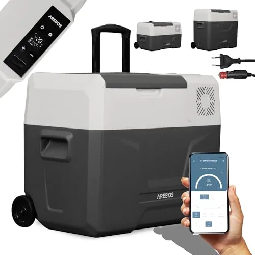 Arebos Nevera de compresor Ruedas 39 litros | Congelador eléctrico con Control App para Enfriar, congelar y Mantener Caliente | Refrigeración hasta -20 °C | Nevera para Coche