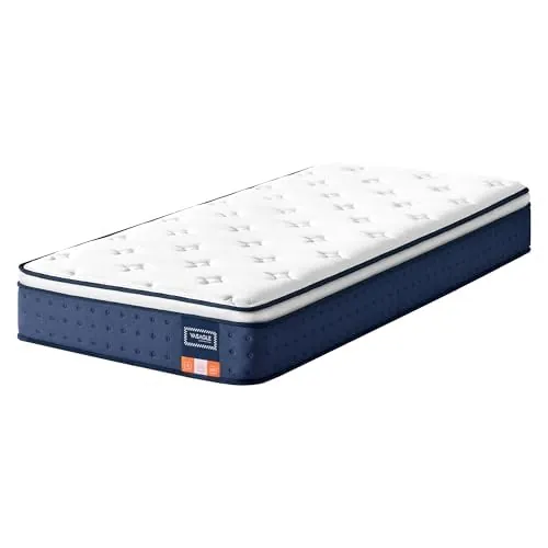 VASAGLE Colchón Híbrido Doble, 135 x 190 x 25 cm, Espuma Viscoelástica con Gel y Muelles Ensacados, 7 Zonas de Soporte, Refuerzo de Bordes, Funda Transpirable, Azul RMZ226QZ02