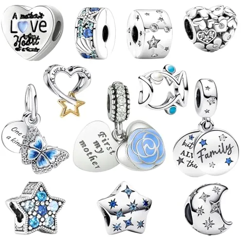 MLPKOI Paquete de Dijes para Pulsera, Bead Charms para Charms Pulsera Collar Joyería Europea para Hacer Collares, Pulseras, Joyas Cumpleaños Regalo Fiesta Madre Niñas (azul)