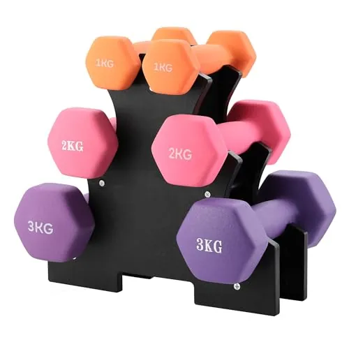 TEENO Juego de Mancuernas Hexagonales con Soporte, 2 x Mancuernas 3/2/1kg, Pesas Gimnasio en Casa para Fitness, y Ejercicios de Fuerza y Tonificación, Mujeres y Hombres