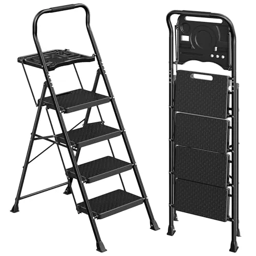 SONGMICS Escalera de Acero, Escalera Plegable de 4 Peldaños, Carga de 150 kg, para Casa, Oficina, Jardín, 84 x 45,5 x 145,2 cm, Negro GSL204BZ01